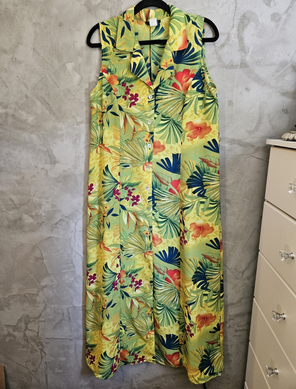 Spago Green Yellow Tropical Floral Collared Shirt Dress Button Front Size 14